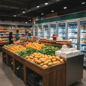 Fresh Pakistani fruits, vegetables, buffalo milk, yogurt, and cheese in Kuala Lumpur grocery