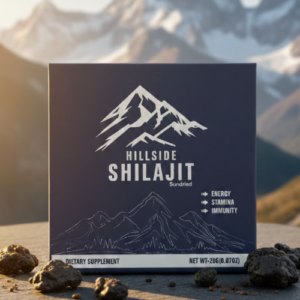 A jar of Hillside Sundried Shilajit resin, a natural dietary supplement for energy and immunity.