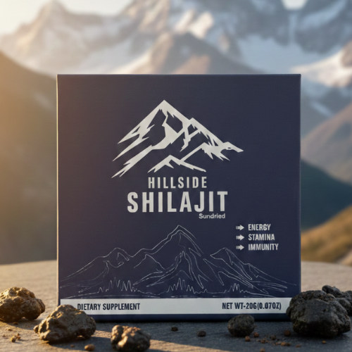 A jar of Hillside Sundried Shilajit resin, a natural dietary supplement for energy and immunity.