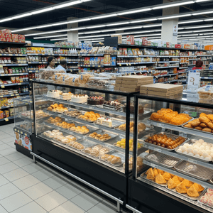Pakistani bakery corner with cakes, pastries, pizzas, gulab jamun, jalebi, and samosas in Kuala Lumpur supermart