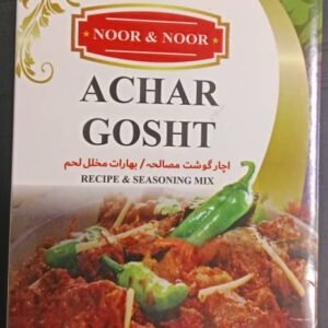 A box of NOOR & NOOR Achar Gosht Masala, a pickle-flavored spice blend for cooking meat curries.